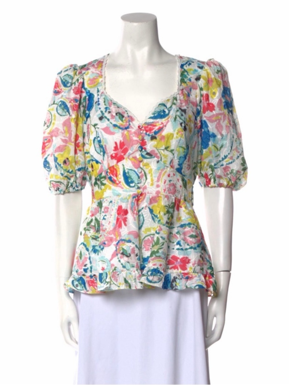NWT Elie Tahari White Floral Puff-Sleeve Top